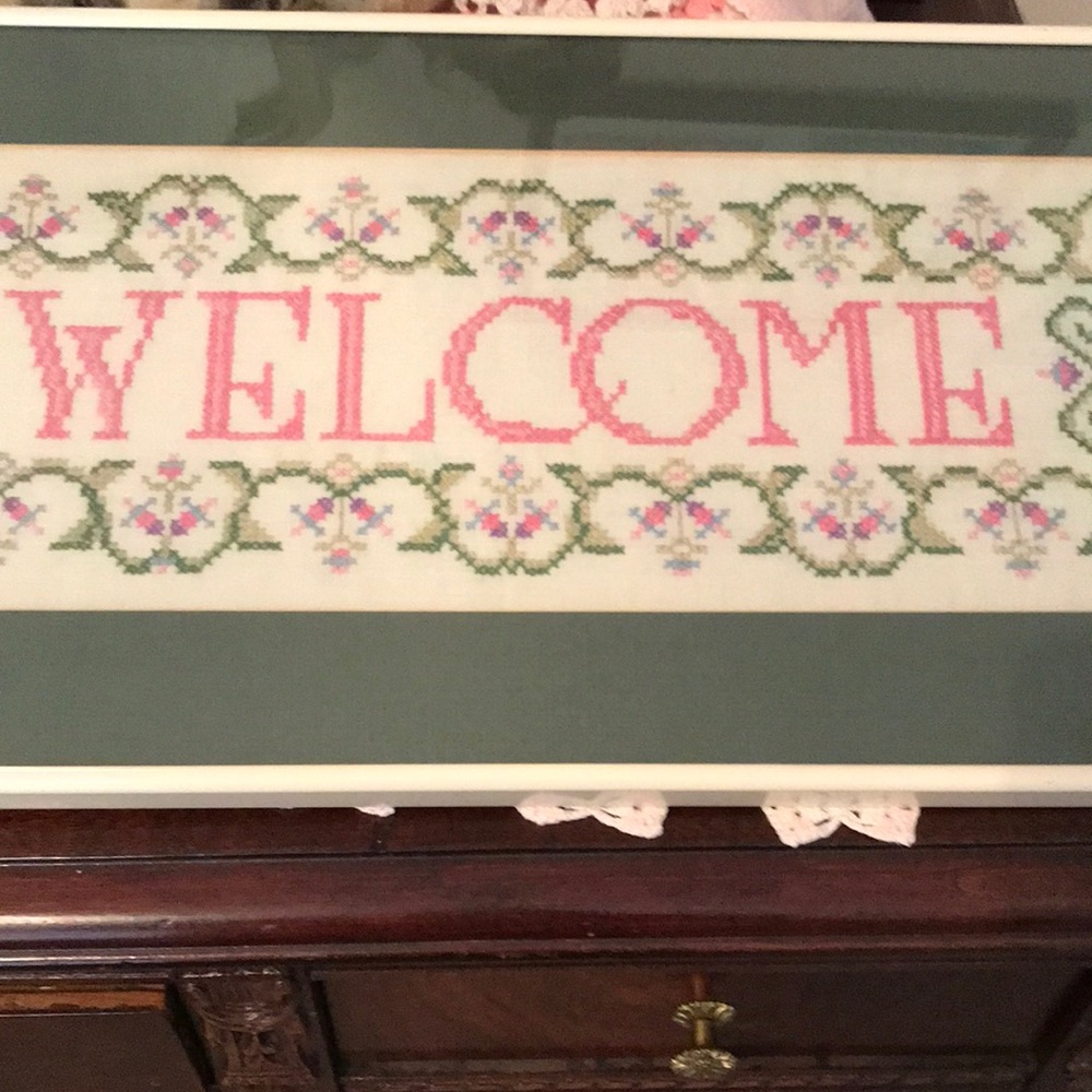 Handmade cross stitch Welcome sign